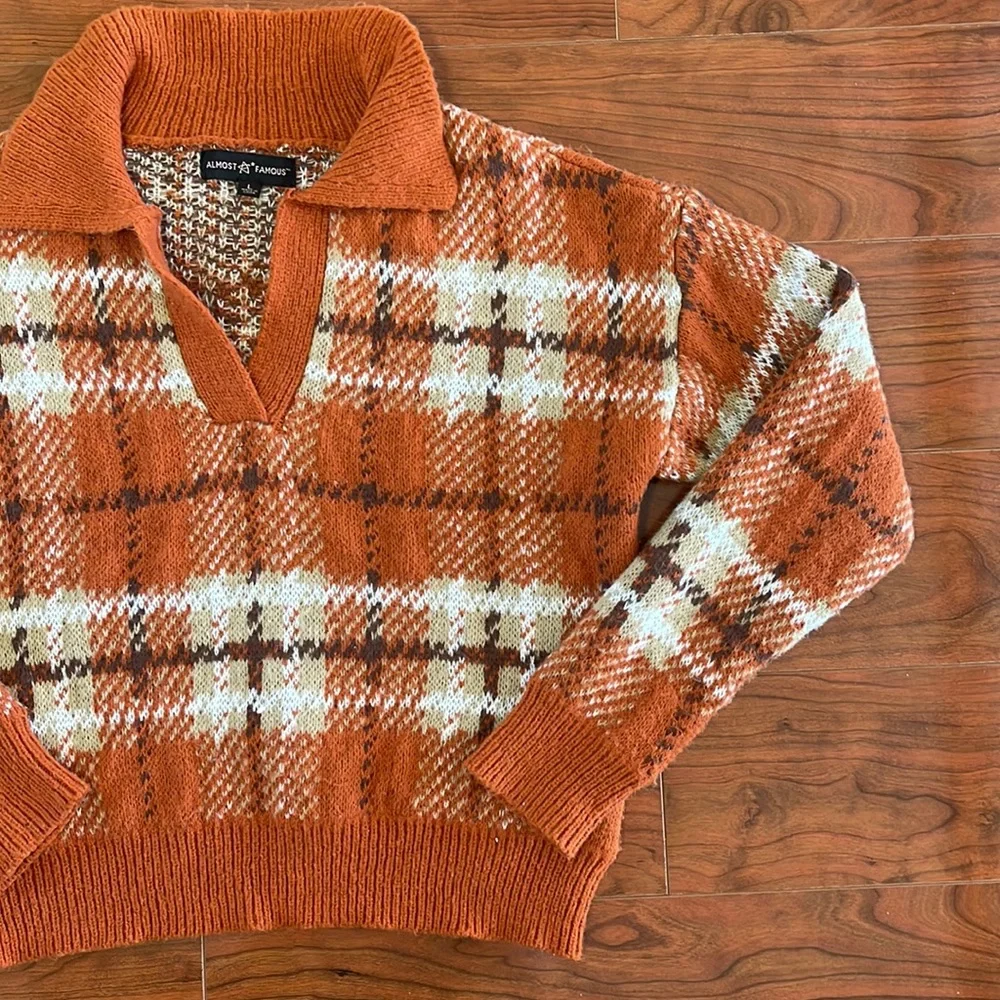 Almost Famous Orange Plaid V Neck Knit Sweater